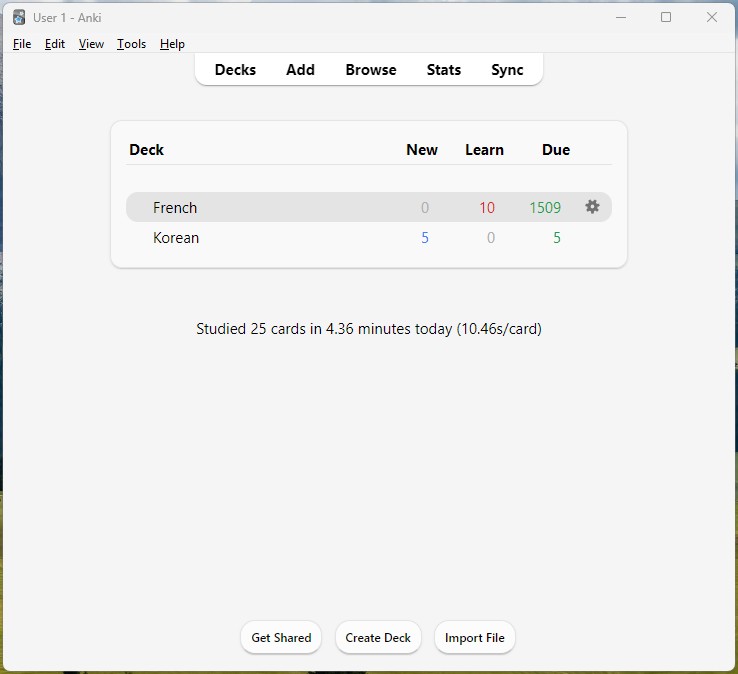 A screenshot of Anki's main window view which shows my French and Korean decks. My French deck has 1509 cards due!